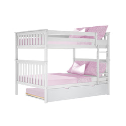 White wooden bunk bed with pink bedding and pull-out trundle drawer for kids' room.