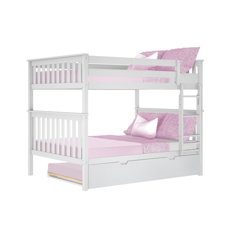 White wooden bunk bed with pink bedding, ladder, safety rails and under-bed trundle drawer, kids' bedroom furniture