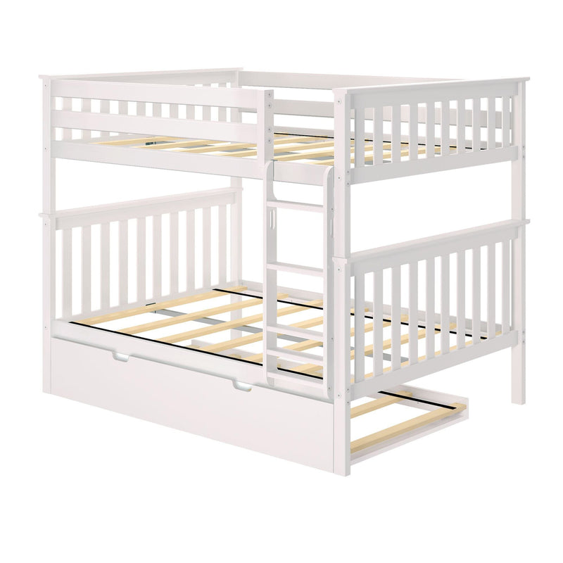 White wooden bunk bed with built-in ladder and under bed storage drawer.