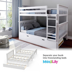 White bunk bed in modern bedroom with blue bedding, displayed as two separate beds, ideal for kids' room flexibility and space-saving.