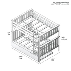 Diagram of wooden bunk bed with dimensions: 65 inches tall, 81.5 inches long, 57.75 inches wide, designed for standard size mattresses up to 9 inches thick.