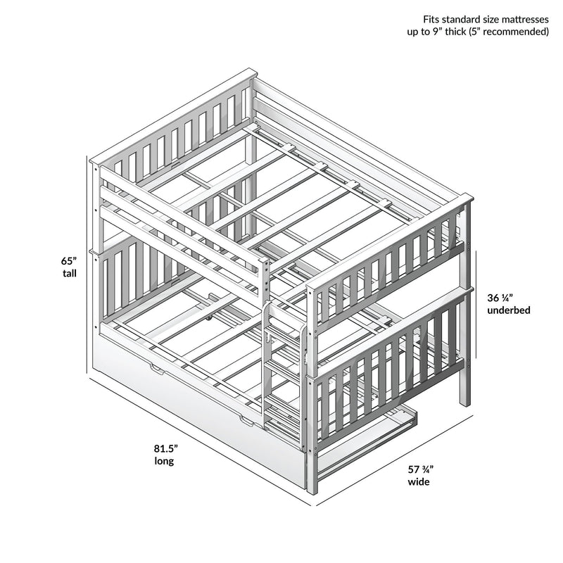 Wooden twin-over-full bunk bed assembly diagram with underbed trundle and ladder, slatted guardrails, fits mattresses up to 9-inch thick — dimensions 81.5" L x 57.75" W x 65" H