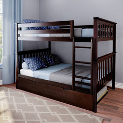 Dark wood bunk bed with blue polka dot bedding in a modern bedroom.