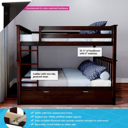 Wooden bunk bed with ladder, featuring solid New Zealand pine frame, 400lb weight capacity, and non-slip grooved steps.