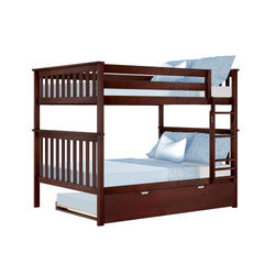 Wooden bunk bed with ladder, blue bedding, and pull-out drawer for storage.