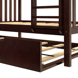 Modern wooden bunk bed frame with built-in storage drawer underneath.