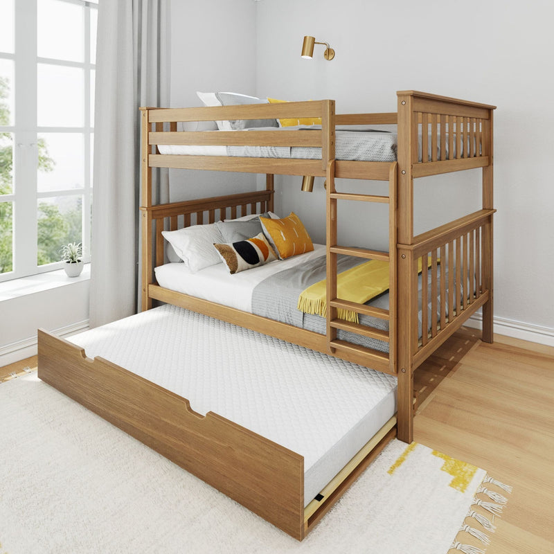 Wooden bunk bed with trundle and ladder in a bright kids' bedroom, natural oak finish with gray linens and yellow accent pillows beside a large window with white curtains