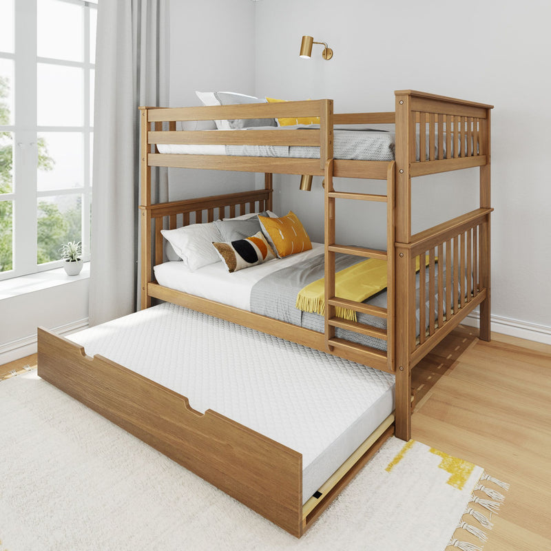 Solid wood bunk bed with pull-out trundle and ladder in a bright kids’ bedroom, natural wood finish, neutral gray and yellow bedding, modern farmhouse style