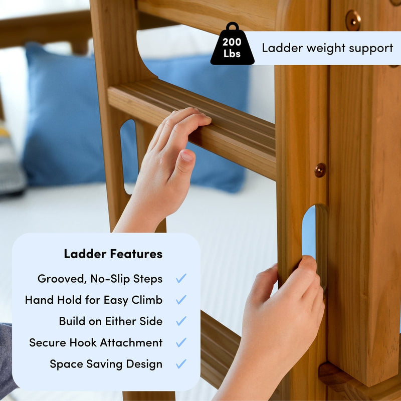 Wooden bunk bed ladder close-up with child hands on grooved no‑slip steps and handholds, 200 lb weight support, secure hook attachment and space‑saving design