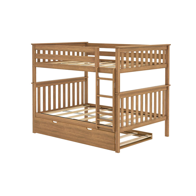 Solid wood twin-over-full bunk bed with ladder, slatted guardrails and under-bed storage drawer in natural oak finish