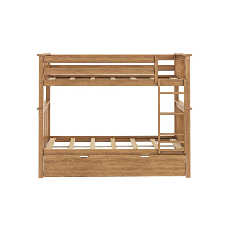 Solid wood twin-over-twin bunk bed frame with side ladder, slatted mattress supports and built-in under-bed storage drawer in natural oak finish