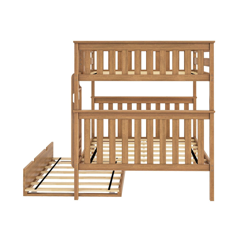 Solid wood twin-over-full bunk bed with pull-out trundle, natural oak finish, slatted guardrails and mattress supports