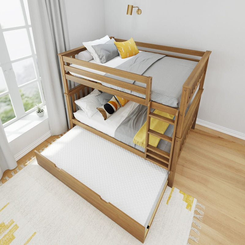 Modern wooden bunk bed with pull-out trundle, gray and yellow bedding, ladder and natural light in a bright kids' bedroom