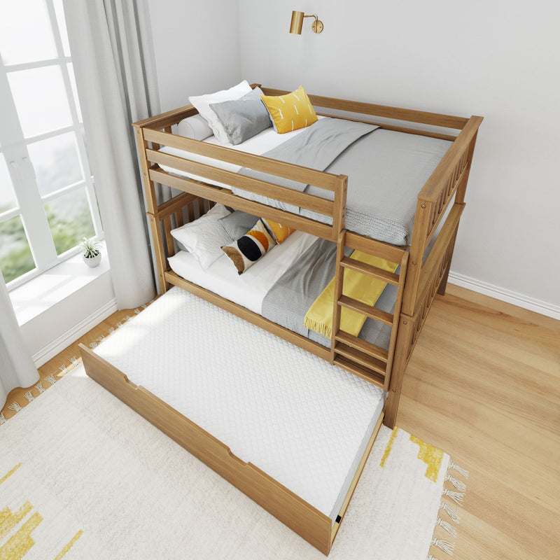 Modern wooden bunk bed with trundle and ladder in bright kids' bedroom, gray bedding and yellow accent pillows, white curtains and hardwood floor