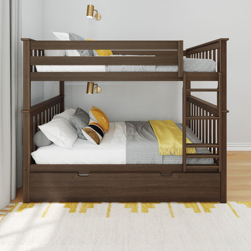 Wooden bunk bed with grey and yellow bedding in modern bedroom.
