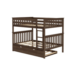 Wooden bunk bed with ladder and pull-out trundle in dark finish.