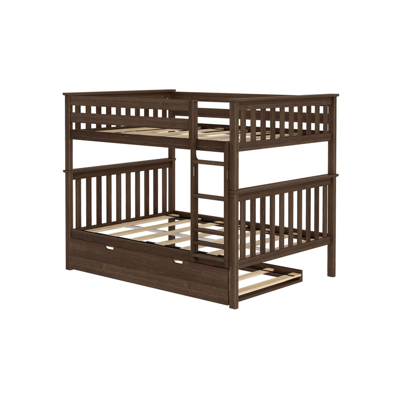 Wooden bunk bed with ladder and pull-out trundle in dark finish.