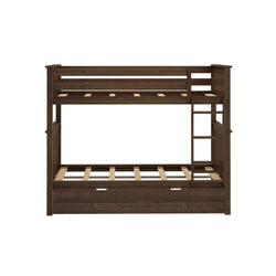 Wooden bunk bed frame with ladder and guardrails for kids' bedroom furniture.