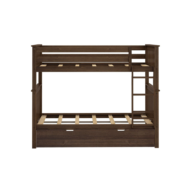 Wooden bunk bed frame with ladder and guardrails for kids' bedroom furniture.