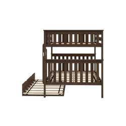 Wooden bunk bed with pull-out trundle, ideal for space-saving in kids' bedrooms.