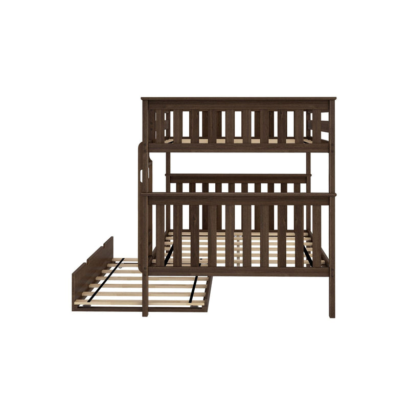 Wooden bunk bed with pull-out trundle, ideal for space-saving in kids' bedrooms.