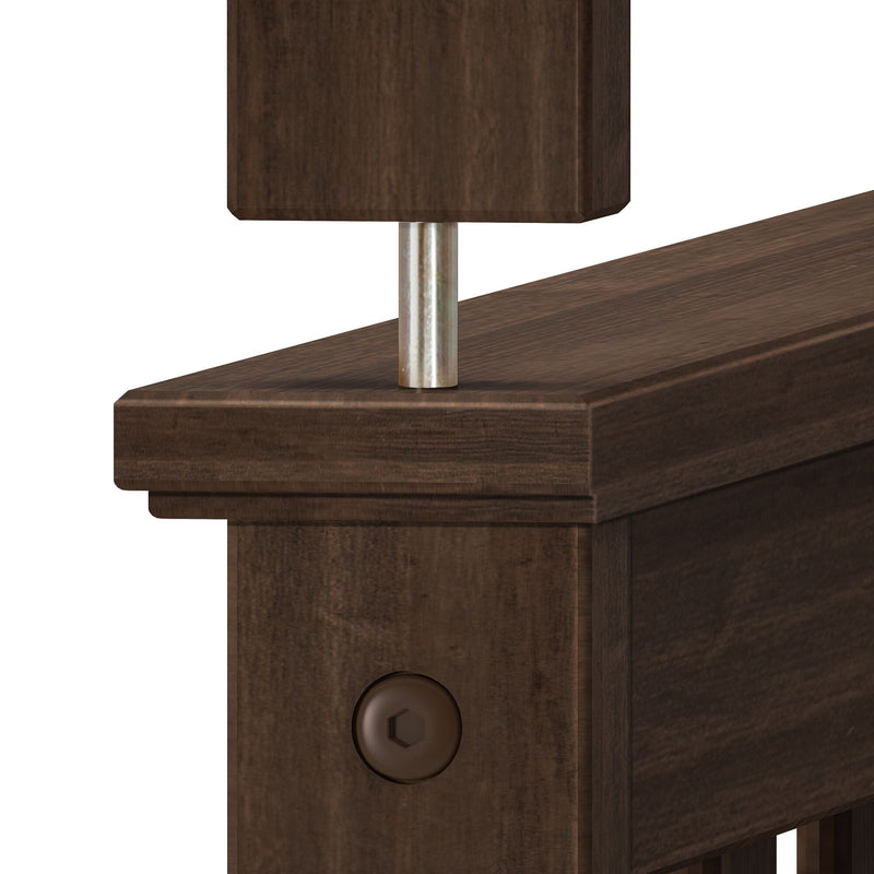 Close-up of a rustic wooden bed frame with detailed joint assembly, emphasizing craftsmanship and quality construction.