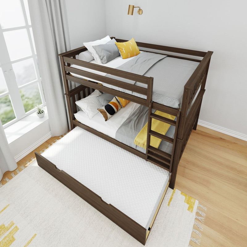 Wooden bunk bed with trundle and gray bedding in bright bedroom setting.