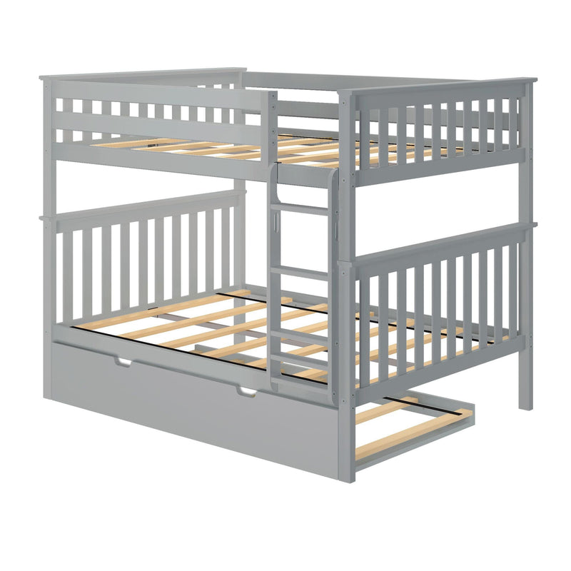 Gray wooden twin-over-twin bunk bed with ladder, slatted mattress platforms and pull-out trundle drawer for kids' bedroom