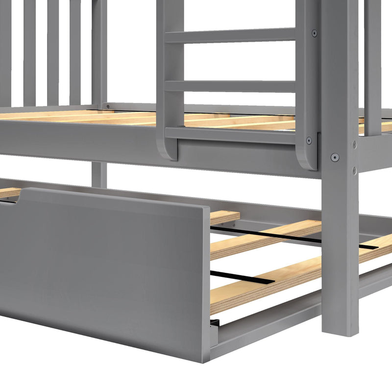 Gray wooden bunk bed frame close-up with natural wood slats, integrated ladder, guardrail and visible screw hardware — sturdy kids bunk bed detail