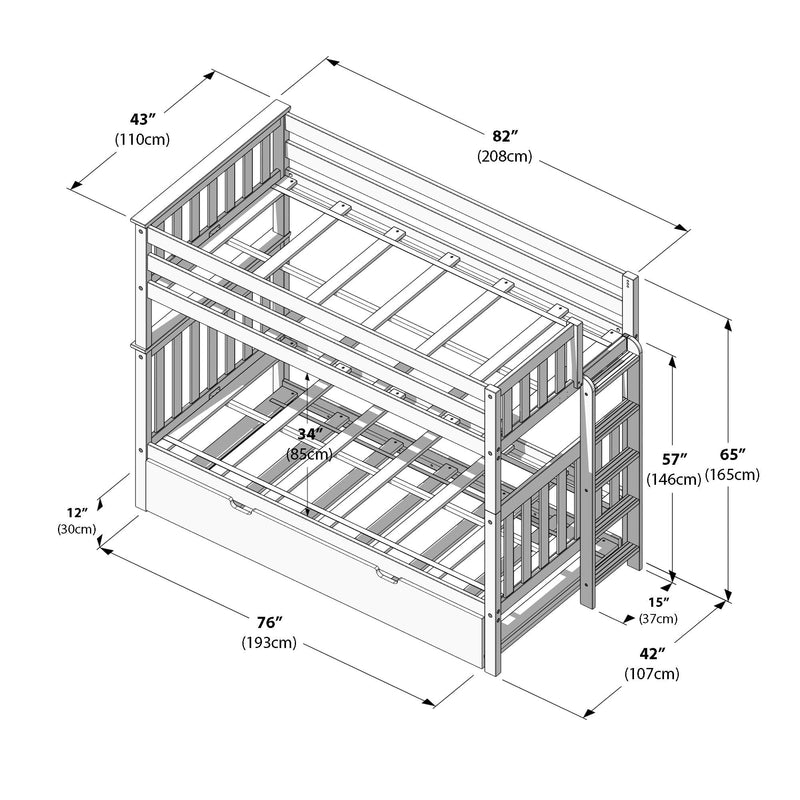 Isometric schematic of a wooden twin-over-twin bunk bed with built-in ladder, safety rails and under-bed trundle drawer, detailed dimensions and measurements