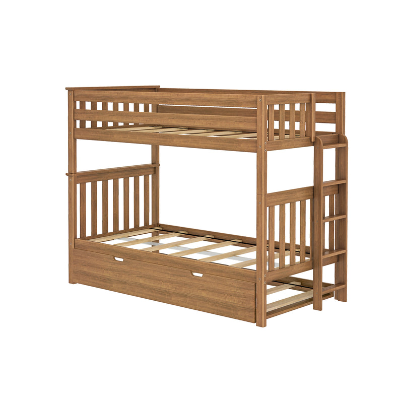 Solid wood twin-over-full bunk bed with ladder, slatted guardrails and under-bed trundle drawer in rustic oak finish