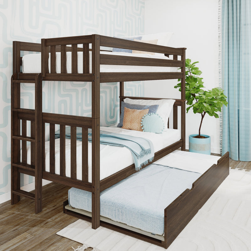 Dark wood twin bunk bed with pull-out trundle, ladder and white-blue bedding in a modern kids' bedroom with geometric wallpaper and potted plant