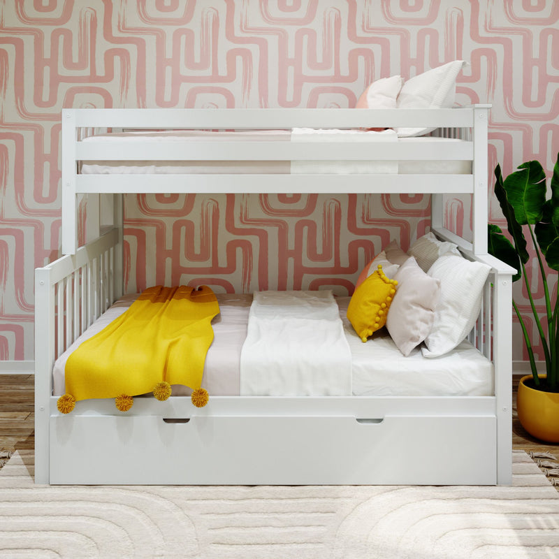 White wooden bunk bed in modern children's bedroom with pink geometric wallpaper, yellow throw blanket, decorative pillows, and potted plant