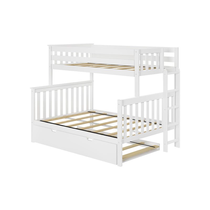 White wooden twin-over-full bunk bed with ladder, slatted guardrails, exposed wooden slats and pull-out underbed drawer for kids' bedroom furniture