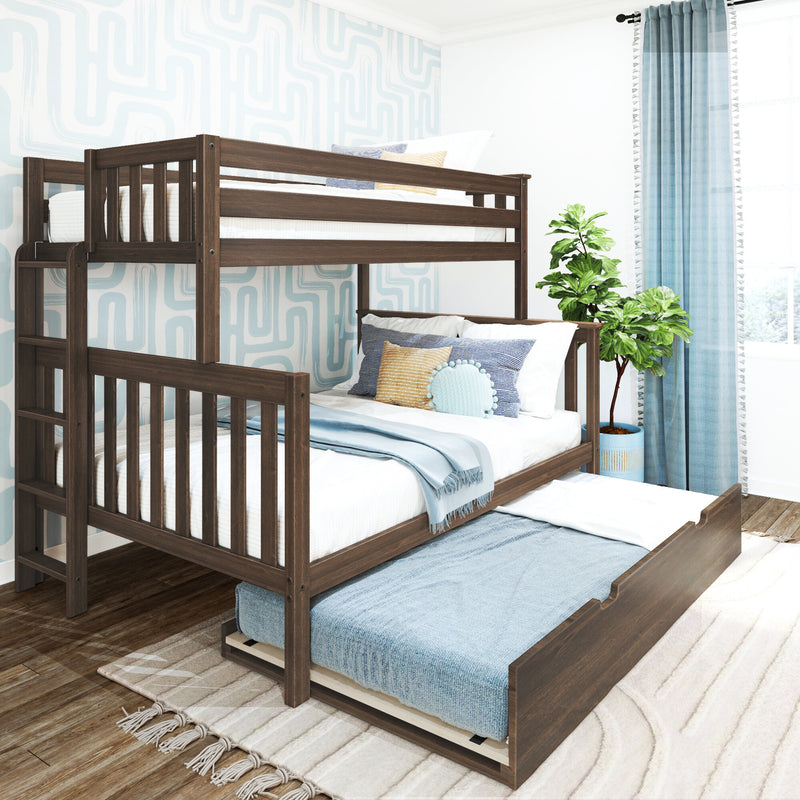 Wooden twin-over-full bunk bed with pull-out trundle, blue bedding and ladder in a bright modern kids' bedroom with patterned wallpaper and potted plant