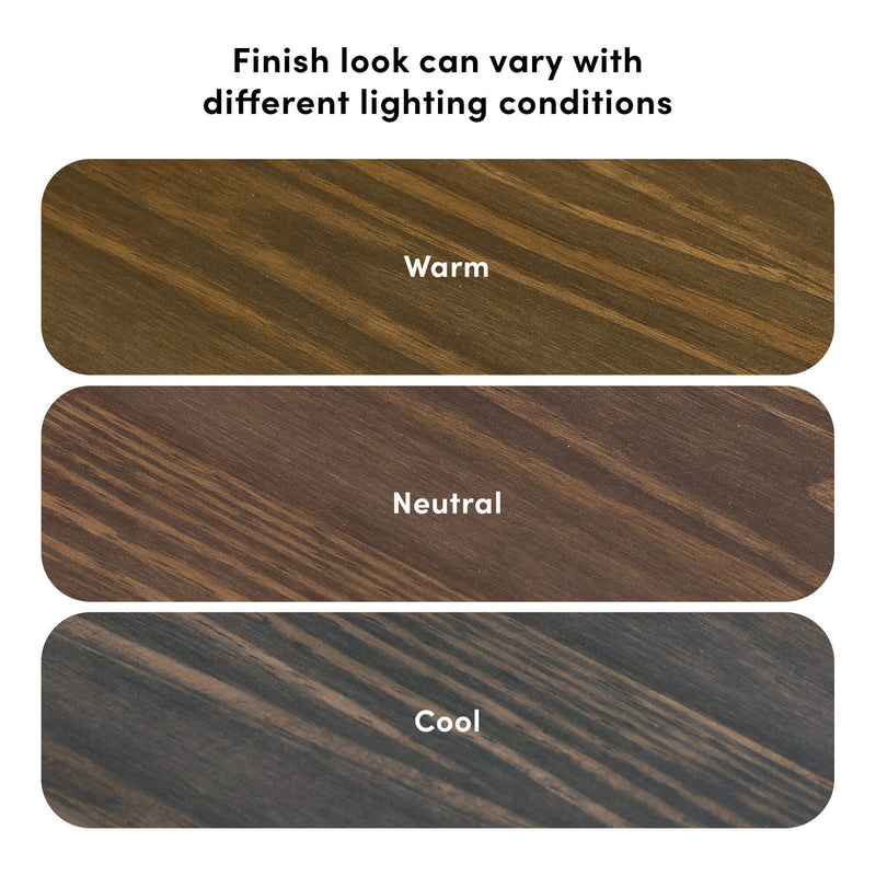 Wood finish samples showing warm, neutral, and cool color variations under different lighting conditions