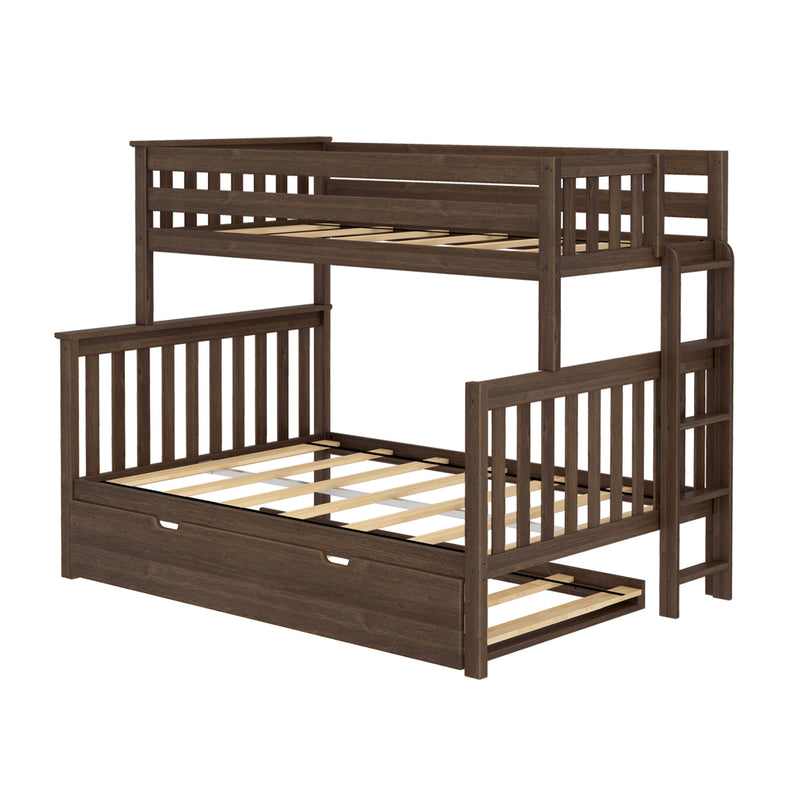 Dark brown wooden twin-over-full bunk bed with ladder, slatted rails and under-bed trundle — space-saving children's bedroom furniture