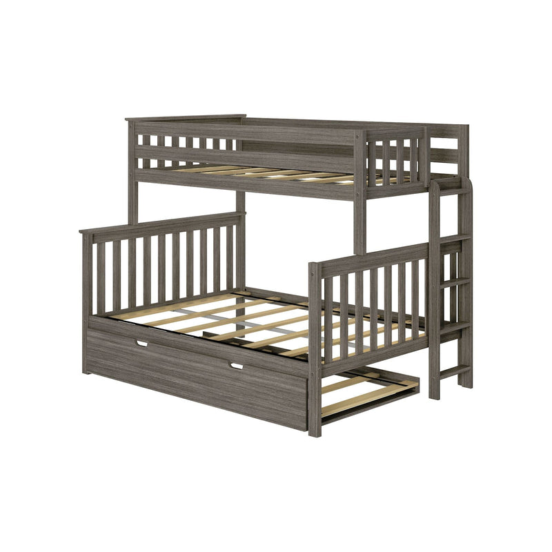 Wooden twin over full bunk bed with trundle and ladder in a modern design.