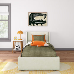 Children's bedroom with green and orange decor, featuring a cozy bed, playful wall art, and a plush fox toy.