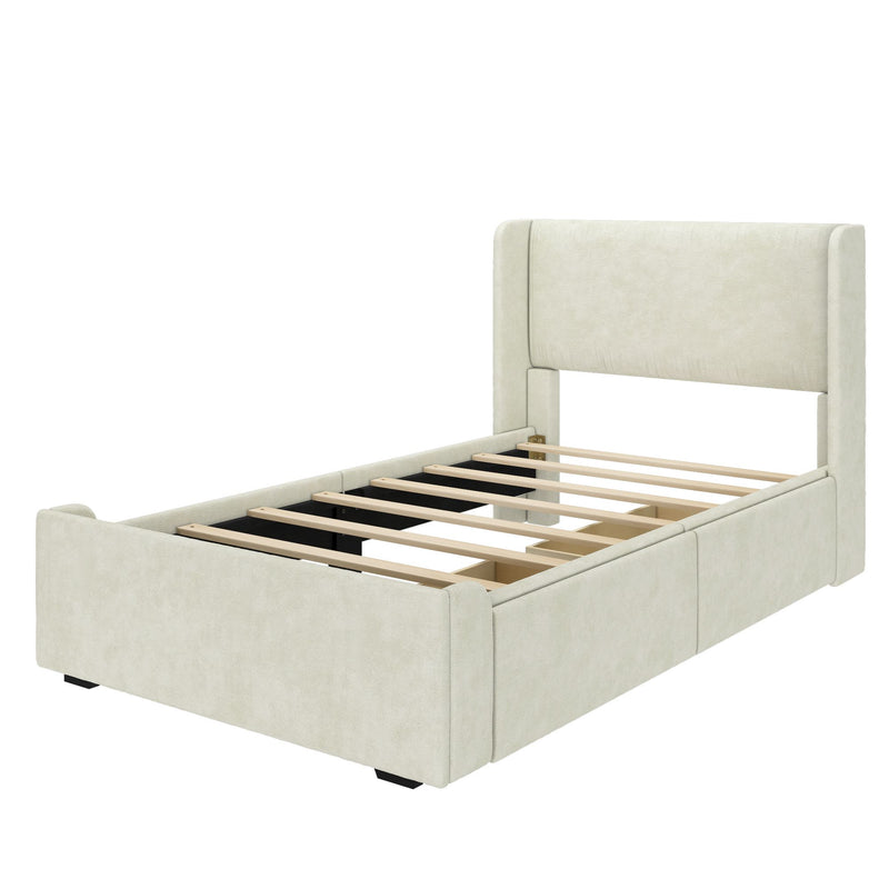 Light beige upholstered platform bed frame with tall padded headboard and wooden slat mattress support, modern minimalist design