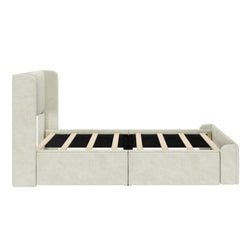 Modern beige upholstered bed frame with wooden slats and storage drawers, minimalist bedroom furniture.
