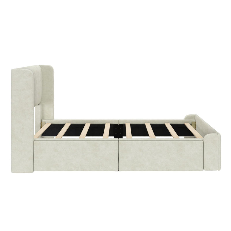 Modern beige upholstered bed frame with wooden slats and storage drawers, minimalist bedroom furniture.