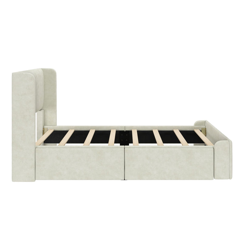 Beige upholstered platform bed frame with wooden slat support and tall rounded headboard in linen-style fabric, modern minimalist design