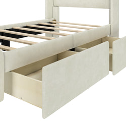 Platform bed frame with storage drawers and wooden slats, modern bedroom furniture solution.