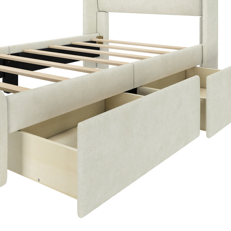 Beige upholstered platform bed frame with wooden slats and built-in pull-out under-bed storage drawers, modern fabric headboard and footboard