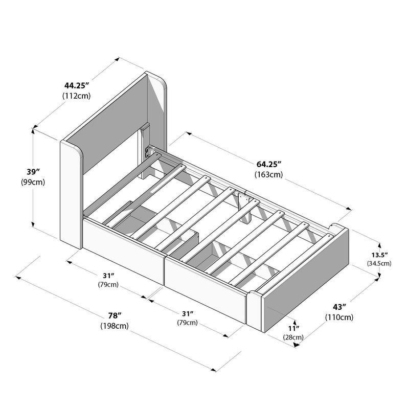 Platform bed frame assembly diagram with headboard, slatted mattress support and under‑bed storage compartments, detailed dimensions in inches and centimeters
