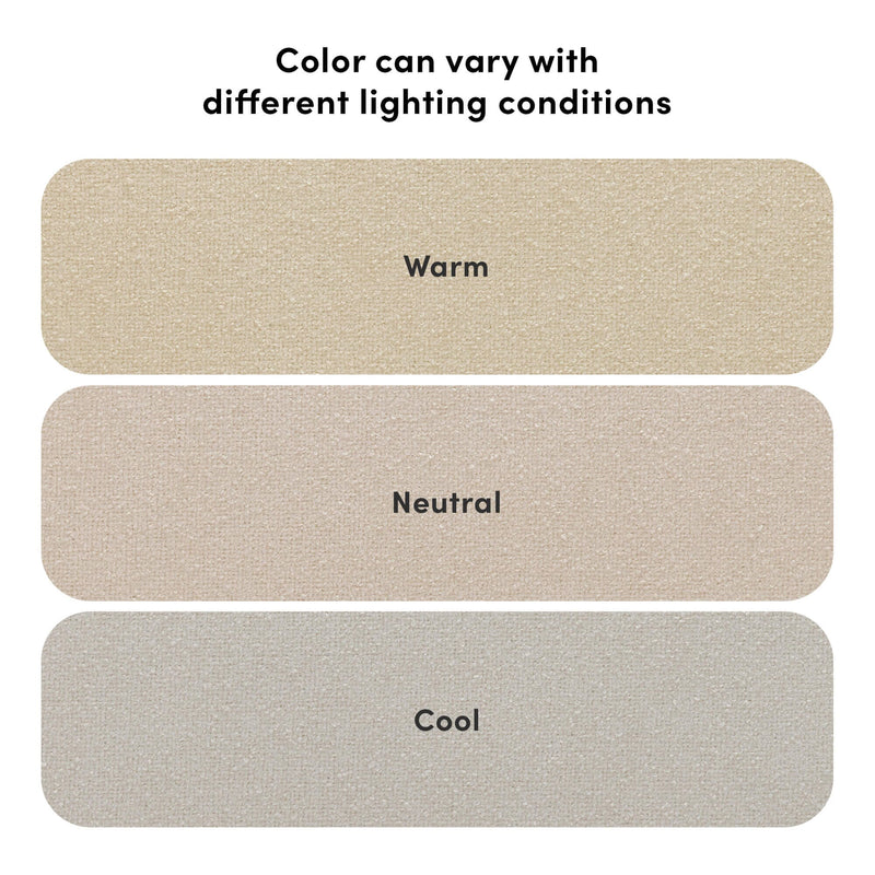 Beige carpet samples swatches labeled "Warm," "Neutral," and "Cool" showing textured rug fibers and note that color can vary with different lighting conditions