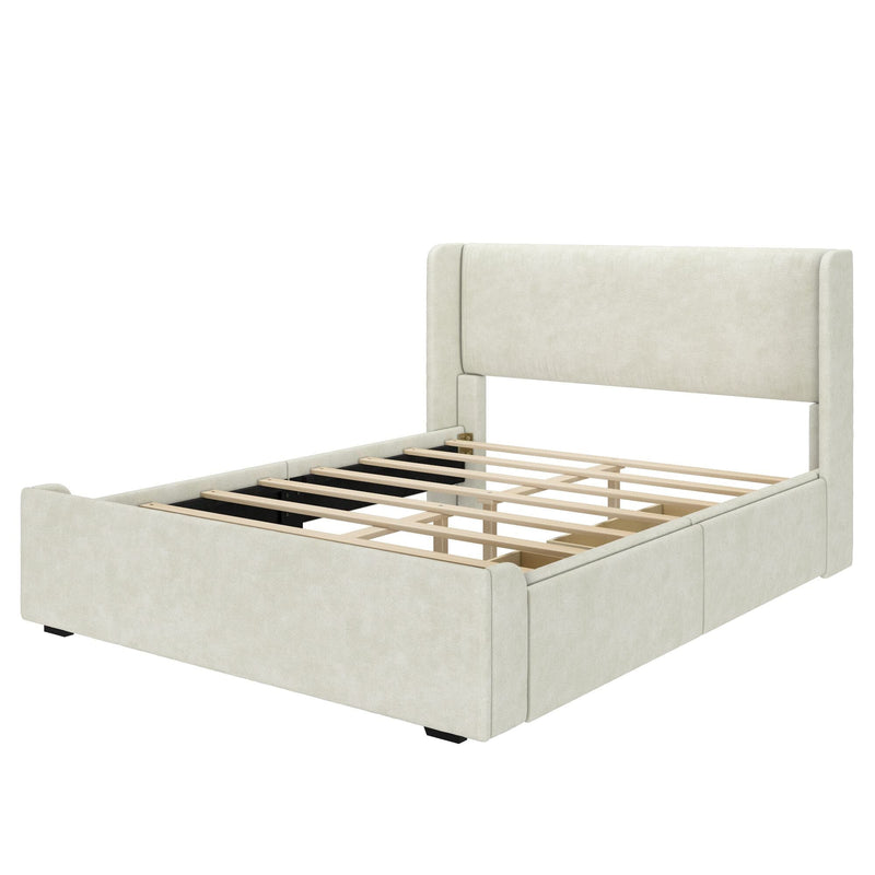 Cream upholstered platform bed frame with tall padded headboard and wooden slat mattress support, modern queen-sized fabric bed