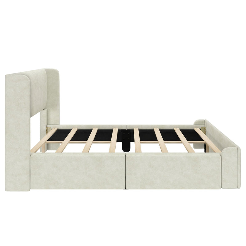 Cream upholstered platform bed frame with tall padded headboard and wooden slat base, modern beige fabric