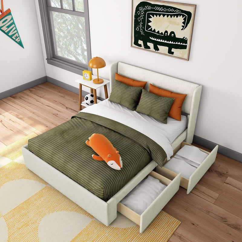 Modern kids bedroom with storage platform bed and under-bed drawers, green striped bedding, orange accent pillows, fox plush toy, soccer ball and crocodile wall art